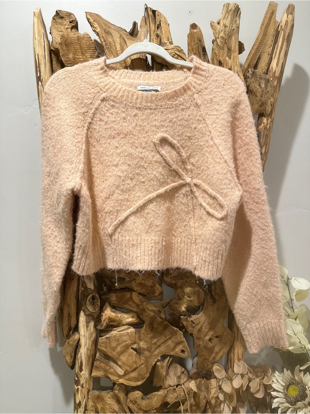 American Eagle Outfitters Blush Pink Fuzzy Bow Cropped Sweater